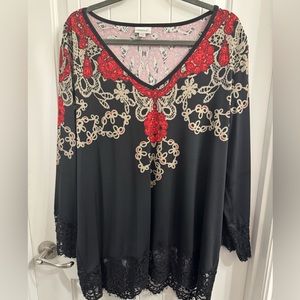Avenue Plus Size 22/24 Black/Red/Tan Lace Top